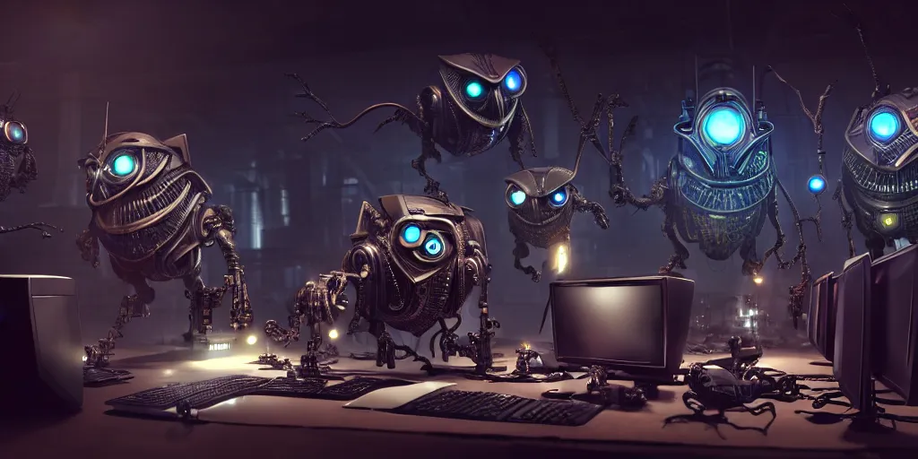 Image similar to an giant evil, malevolent, cyborg owls looking at a computer, surrounded by computer screens. steampunk. this 4 k hd image is trending on artstation, featured on behance, well - rendered, extra crisp, features intricate detail and the style of unreal engine. volumetric lighting octane render