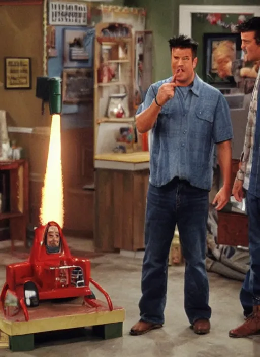 Prompt: a scene from friends where joey and chandler starts to build a rocket from scratch, face enhance, realistic, shaun of the dead, izombie, ultra detailed, in the style of rob sacchetto