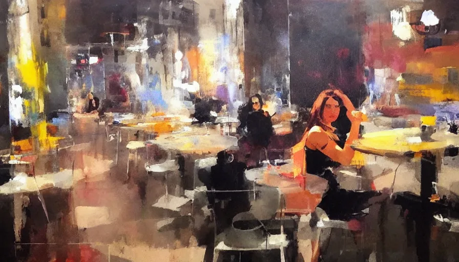 Prompt: painting by adrian ghenie, young woman in cafe, detailed, stunning