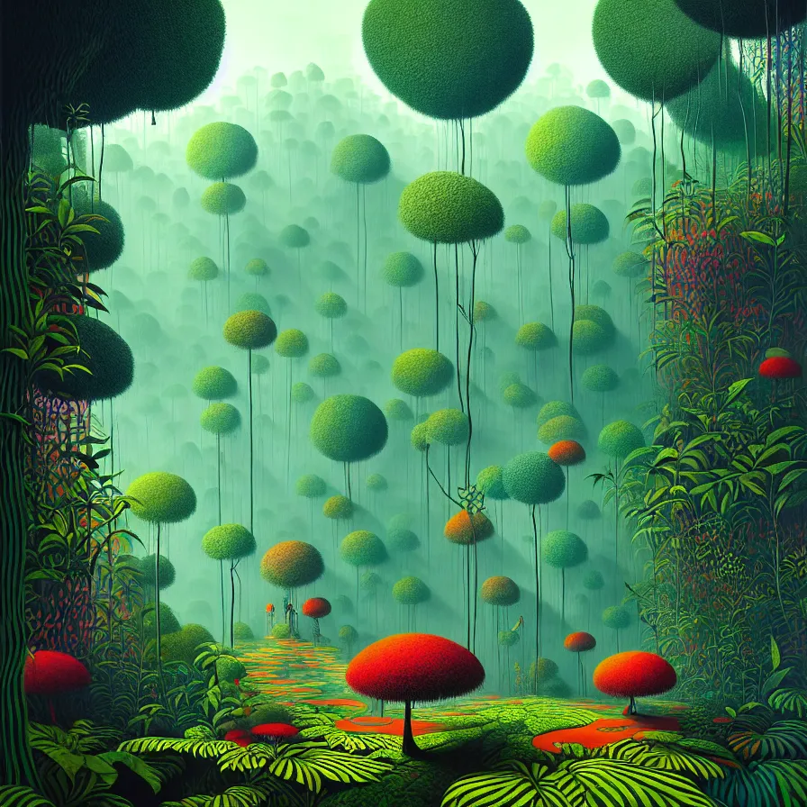 Prompt: surreal glimpse, malaysia jungle, summer morning, very coherent and colorful high contrast, art by gediminas pranckevicius, ross tran, floralpunk screen printing woodblock, dark shadows, hard lighting, stippling dots,