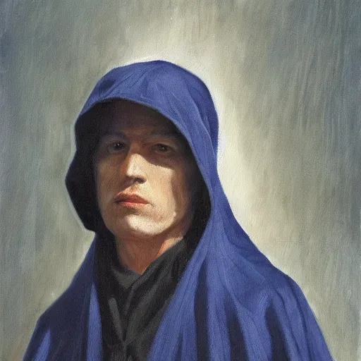 Image similar to a man wearing a long cloak and hood, oil painting, portrait, high detail