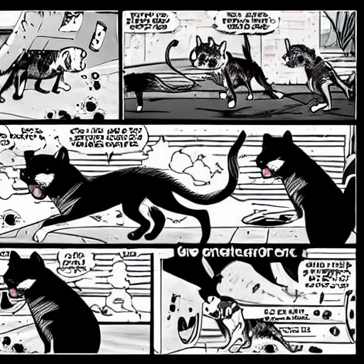 Image similar to super cat fighting dogs, comics style, computer art, high detail