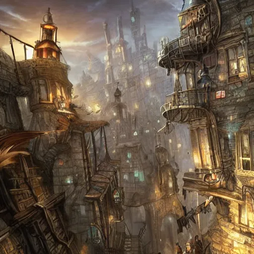 Prompt: Thieves using grappling hooks to climb a steampunk city, epic fantasy art style HD