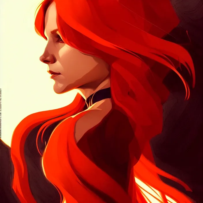 Image similar to style artgerm, joshua middleton, dean cornwell, beautiful kristen bell with dark red dress, very long orange hair, symmetrical face, symmetrical eyes, fire powers fire swirling, detailed, volcano setting, cinematic lighting