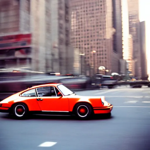 Image similar to photo of a porsche 9 1 1 9 6 4 speeding through nyc, cinematic, motion blur