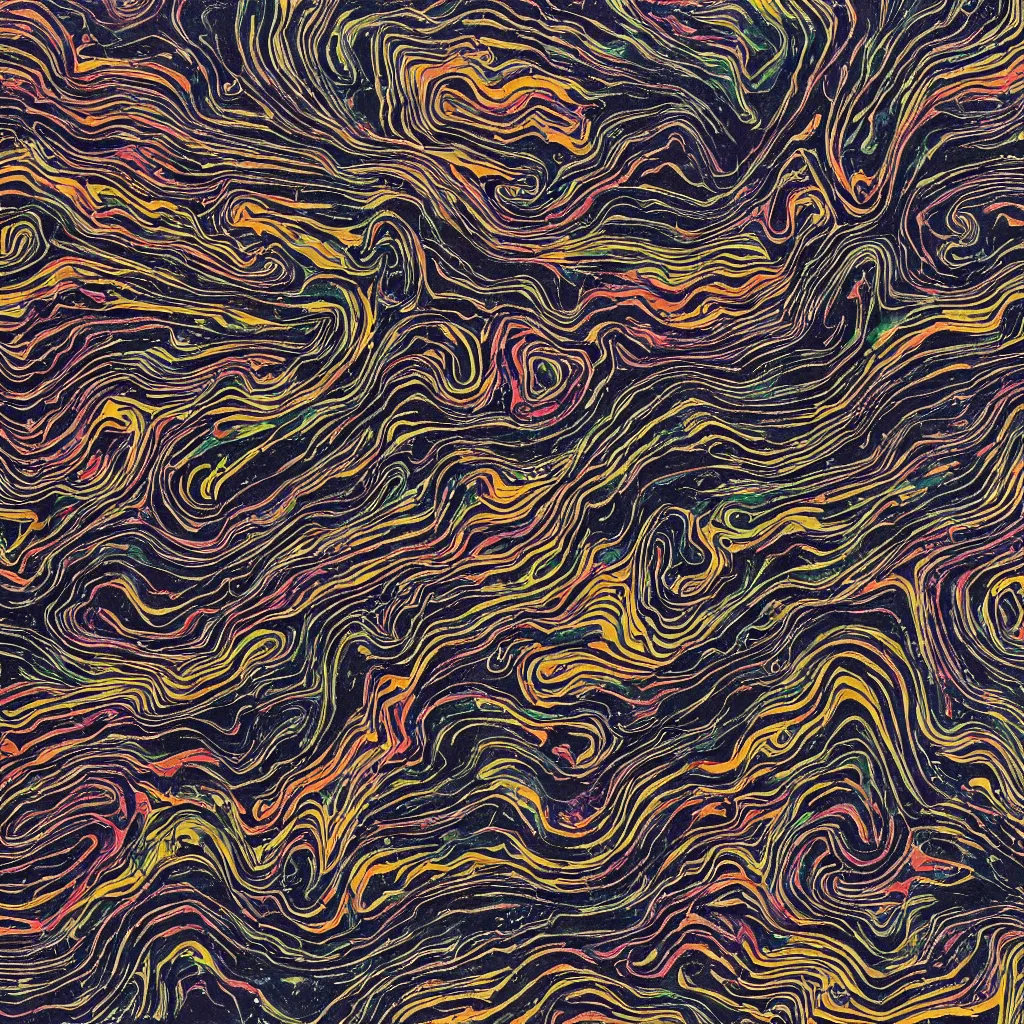 Image similar to topo camo, swirls, technical, acrylic, teeth, death metal, eerie, tribal, clay, dotting, lines, stipple, points, cybernetic, style of old painting, francis bacon art, sleep paralysis, hypnosis, eerie, terror, oil, neon, color splotches, colorful dots, ominous, abstract