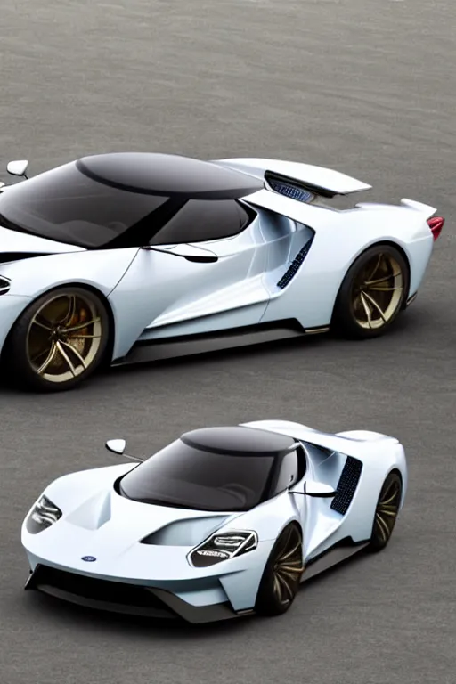 Prompt: ford gt 9 0 concept car painted in white pearl with gold rims