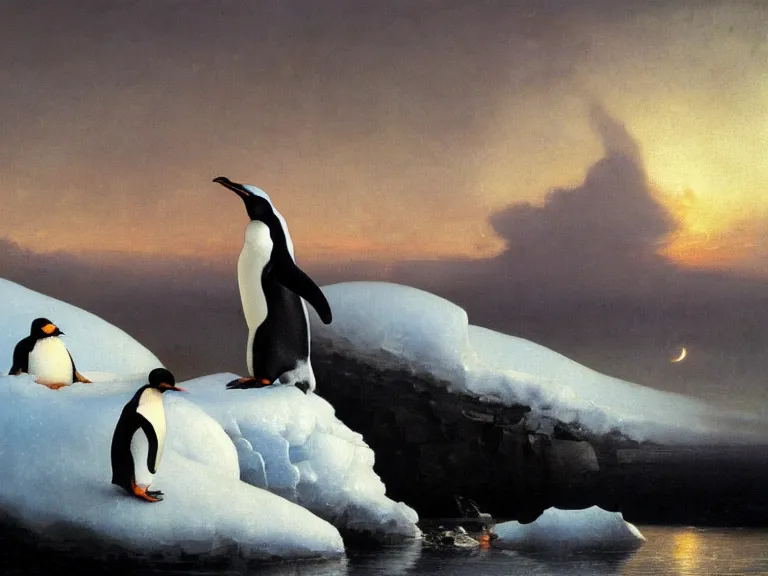 Image similar to an oil painting of a penguin playing in pure white snow on an iceberg in a serene ocean at dusk. aurora. by tuomas korpi moebius and carl spitzweg. baroque elements. intricate artwork by caravaggio. oil painting. oil on canvas. award winning. dramatic. trending on artstation. 8 k