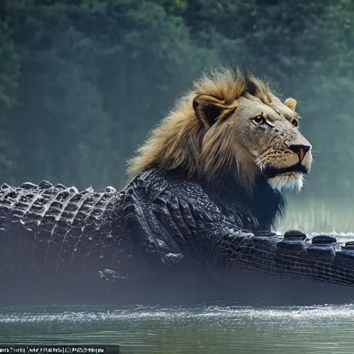 Image similar to found footage of a giant crocodile and a lion from a murky lake, high temperature, cinematic lighting, focused eyes, apex predator standoff