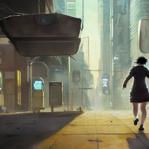 Image similar to incredible wide screenshot, ultrawide, simple watercolor, rough paper texture, ghost in the shell movie scene, backlit distant shot of girl in a parka running from a giant robot invasion side view, yellow parasol in deserted dusty shinjuku junk town, broken vending machines, bold graphic graffiti, old pawn shop, bright sun bleached ground, mud, fog, dust, windy, scary robot monster lurks in the background, ghost mask, teeth, animatronic, black smoke, pale beige sky, junk tv, texture, brown mud, dust, tangled overhead wires, telephone pole, dusty, dry, pencil marks, genius party,shinjuku, koji morimoto, katsuya terada, masamune shirow, tatsuyuki tanaka hd, 4k, remaster, dynamic camera angle, deep 3 point perspective, fish eye, dynamic scene