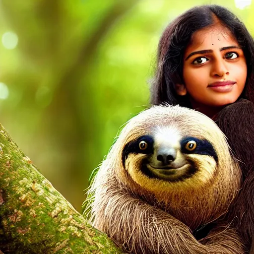 Image similar to a beautiful young indian cottagecore witch holds a cute sloth, traditional disney, still from movie, award winning