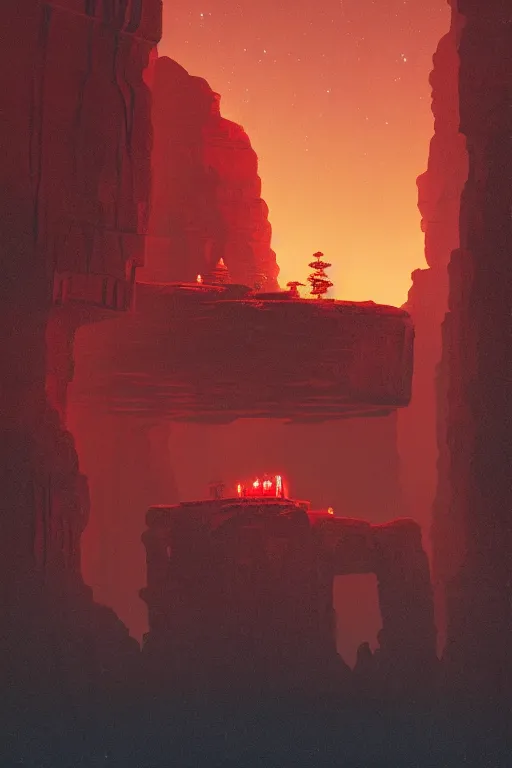 Image similar to ancient red glowing temple on a rocky cliff in a canyon, shooting stars in the black sky, dramatic lighting, artstation, matte painting, ralph mcquarrie, simon stalenhag