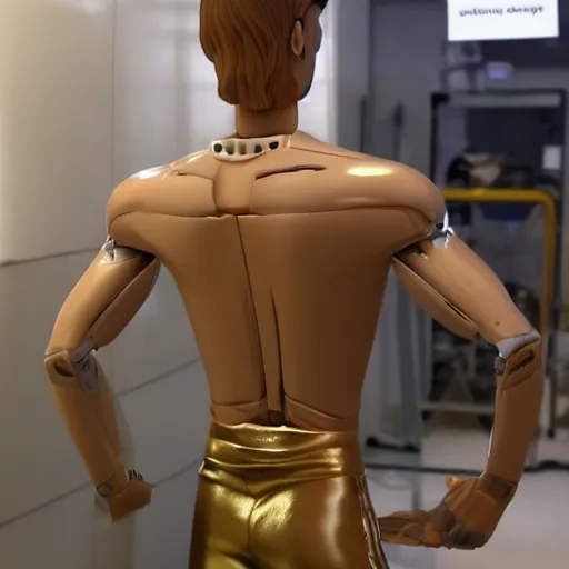 Image similar to a realistic detailed photo of a guy who is an attractive humanoid who is half robot and half humanoid, who is a male android, soccer players martin ødegaard, shiny skin, posing like a statue, blank stare, in a factory, on display, showing off his muscles, gold soccer shorts, back view