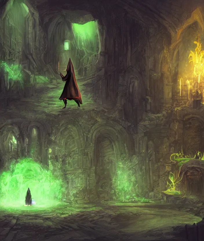 Image similar to a concept art of a wizard in his castle discovering a magic scroll that gives eternal life, atmospheric magic dark scene with green fires in the lights, a big door in the background