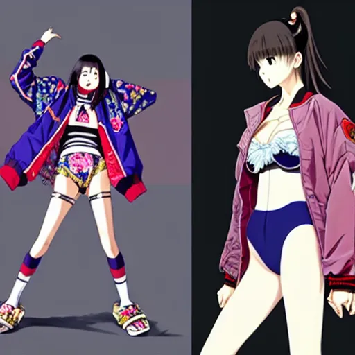 Image similar to a beautiful japanese lalisa alluring gravure model, wearing oversized designer bomber jacket and leotard, bulky poofy bomber jacket with mesoamerican patterns, mesoamerican native street fashion, gapmoe yandere grimdark, trending on pixiv fanbox, painted by greg rutkowski makoto shinkai takashi takeuchi studio ghibli, akihiko yoshida