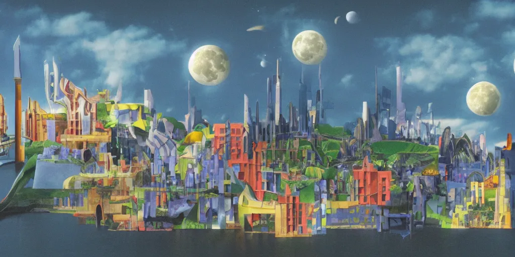 Image similar to fantasy city with moon by STEVEN HOLL trending on artsation