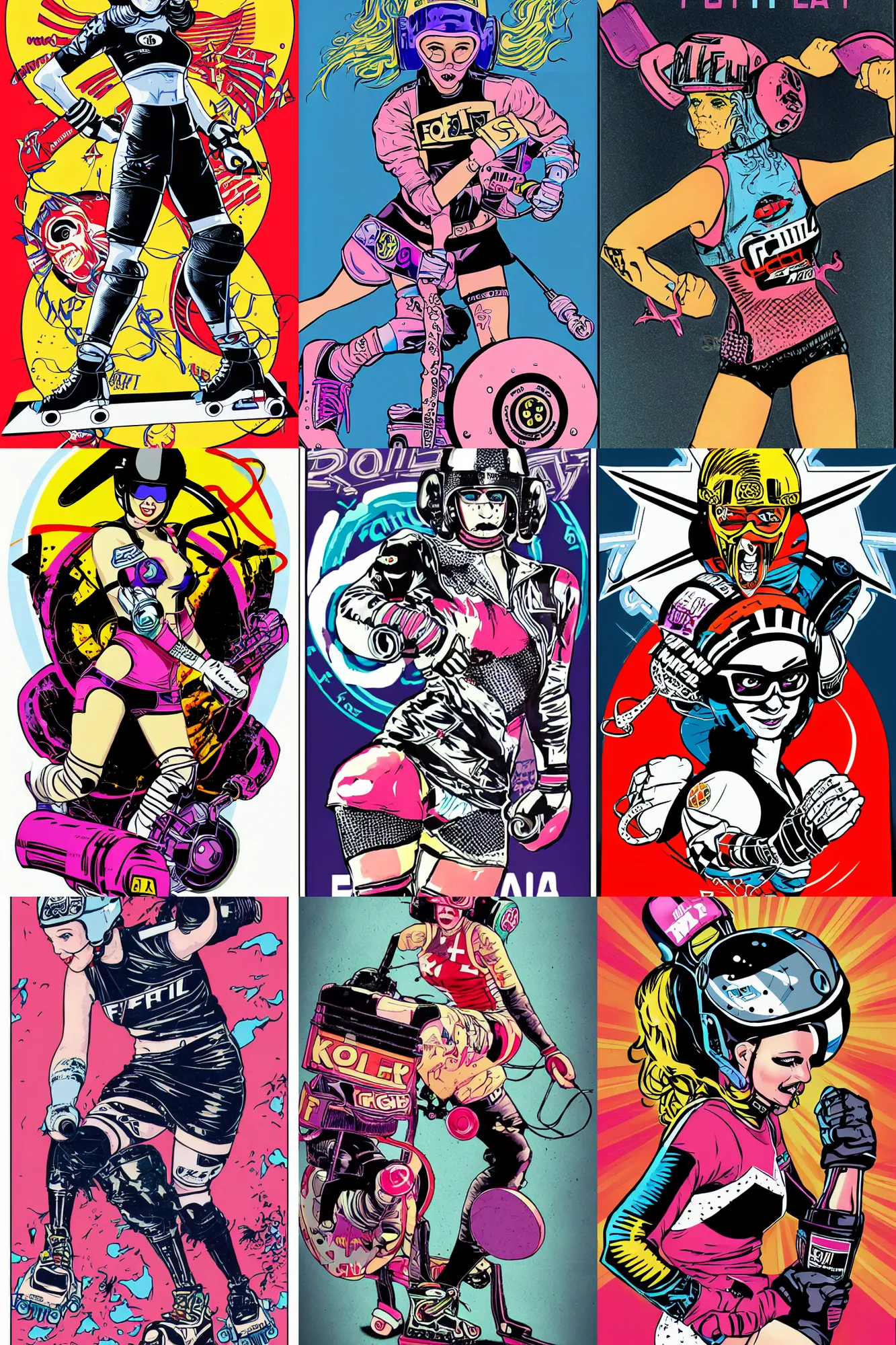 Prompt: fem-fatal roller derby girl portrait, logo, wearing skating helmet, wearing knee and elbow pads, dynamic pose, Philippe Caza, 3 colour print