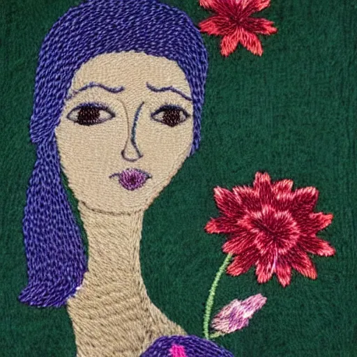 Image similar to a beautiful handmade embroidery of a woman with flowers. hand embroidery.