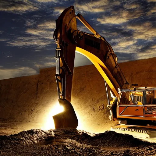Image similar to a pulitzer prize winning photograph of a gleaming excavator. specular lighting