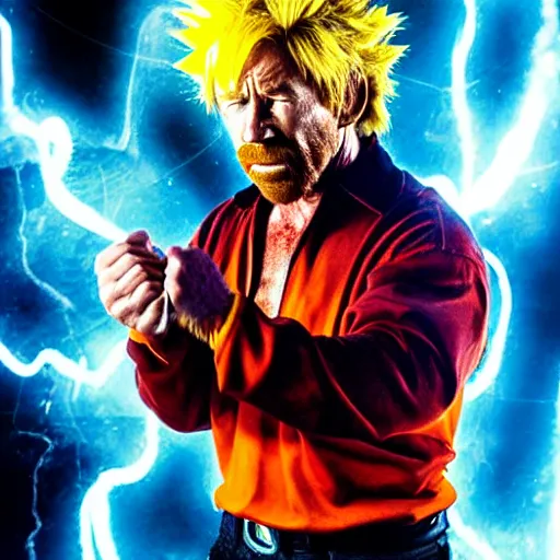 Image similar to uhd candid photo of cosmic chuck norris as a super sayian, glowing, global illumination, studio lighting, radiant light, detailed, correct face, elaborate intricate costume. photo by annie leibowitz