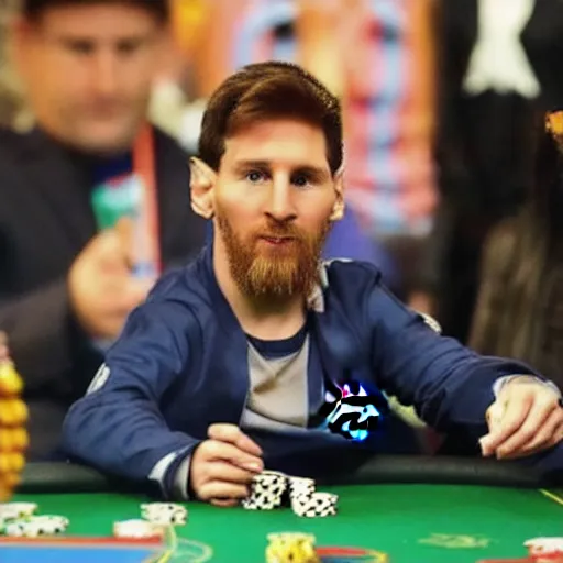 Image similar to messi playing poker with a real life bart simpson