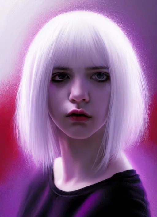 Image similar to hair whitebangs hair, black hair, whitebangs, portrait of teenage girl with white bangs, red irises, purple clothes, white bangs, bangs are different color from hair, intricate, elegant, glowing lights, highly detailed, digital painting, artstation, concept art, smooth, sharp focus, illustration, art by wlop, mars ravelo and greg rutkowski