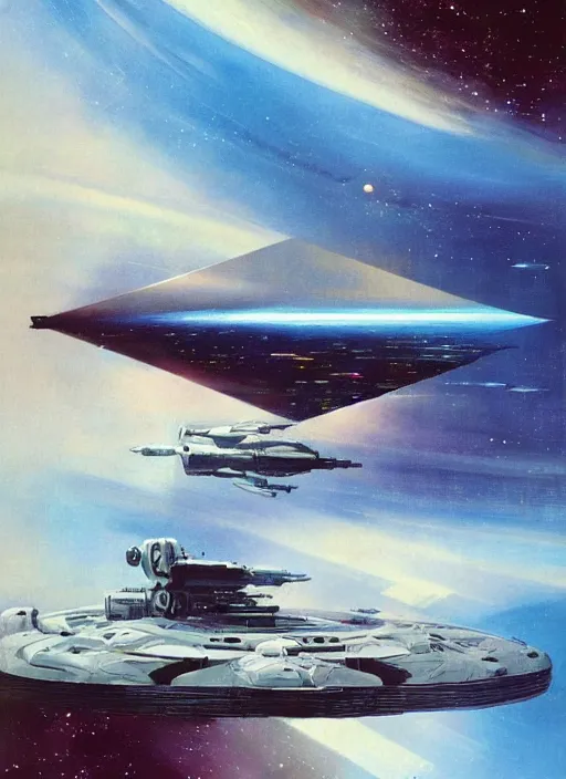 Image similar to understated. distant. negative space dominant. vast. empty. spacious bg. minimalistic piece. simplified environment. lonely cosmos. single ship as main subject. masterpiece book cover illustration by the great famous sci - fi artist john berkey.