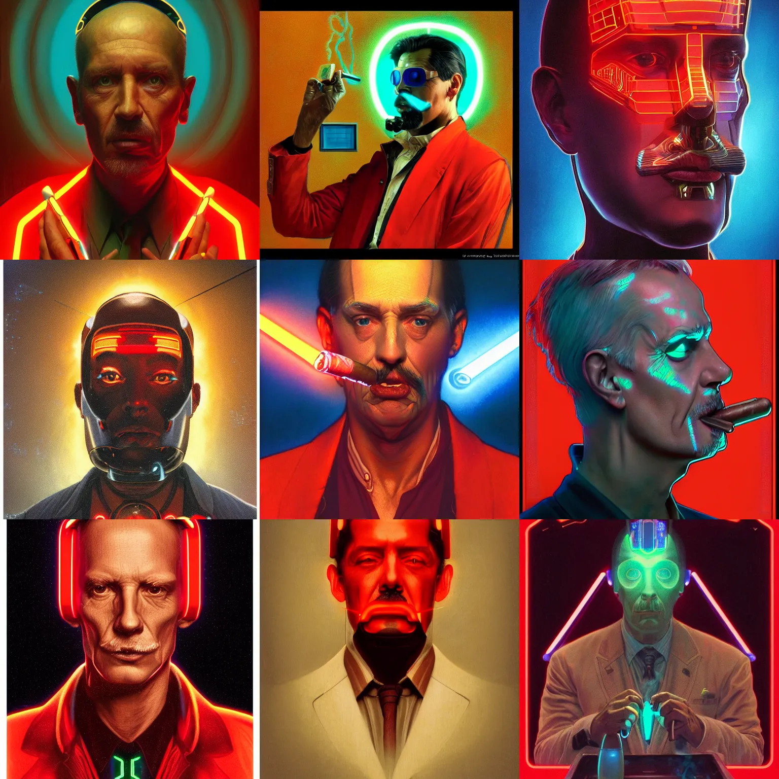 Prompt: A holographic portrait of a bad guy , older male , smoking a cigar , tron , inside the machine , red ,by Stanley Artgerm Lau, Greg Rutkowski, Thomas Kinade ,Alphonse Mucha, Loish, Norman Rockwell ,trending on artstation , rule of thirds, golden ratio ,HD 4k