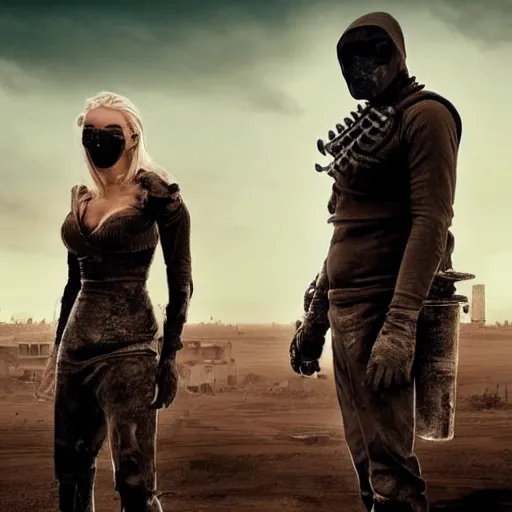 Image similar to a very huge, very big masked mutant man standing next to a small blonde woman, they are staring at the horizon where there are the ruins of a city, postapocalyptic, mad max style, award winning photograph, photo