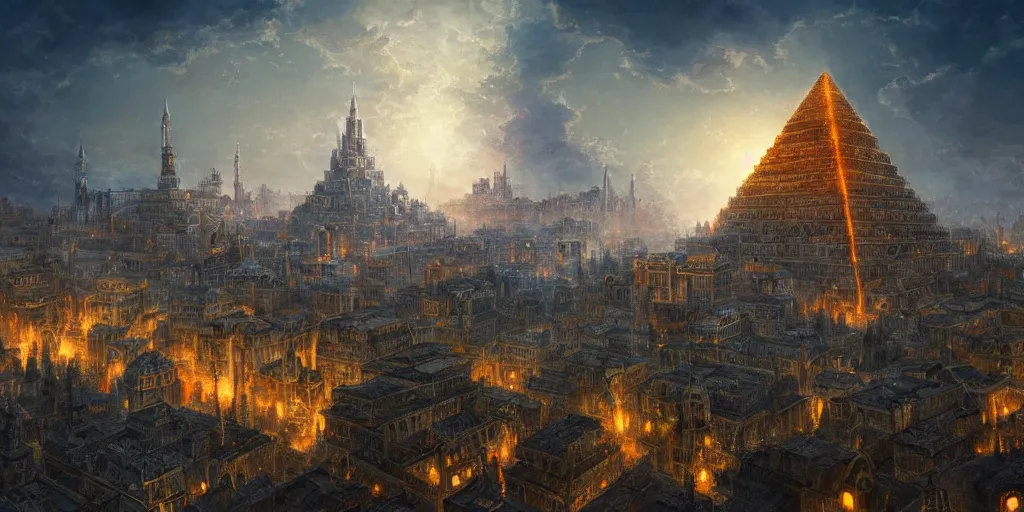 Image similar to magical city of the Great Tartarian Empire adorned with amazing lost technology, lighting resembling fireflies, spires from rooftops collecting and distributing etheric energy, the centerpiece of the city is a colossal ancient pyramid made of metal, cityscape, combining intense detail & utmost quality, Christian Hecker, Artstation, - H 832