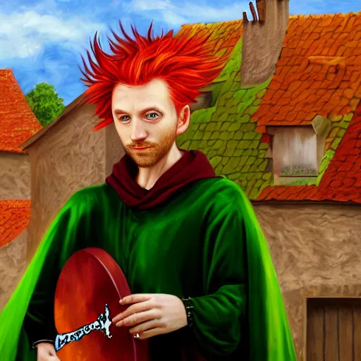Image similar to man with fire - red hair, mischievous expression, bright green eyes, green cloak, holding a lute, small medieval village in the background, hyperrealism, digital art, 8 k