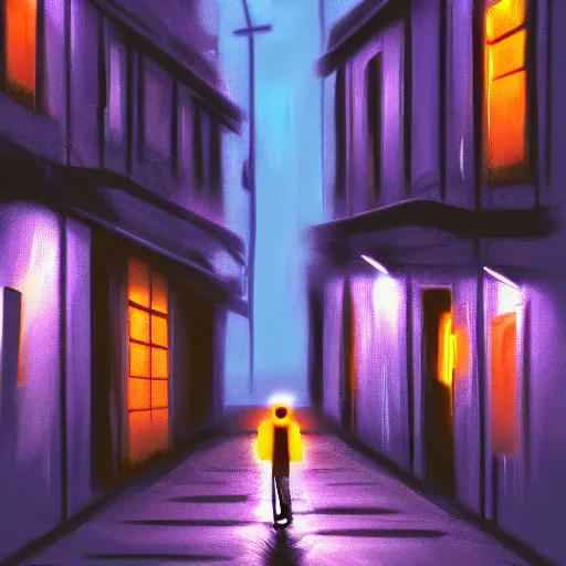 Prompt: stray dog sits alone in a dark alleyway at night with neon city lights glowing in the distance, 4 k, digital painting, photorealism, lighting study