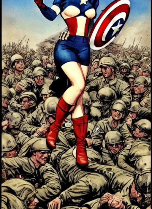 Image similar to beautiful female captain america standing on a pile of defeated german soldiers. feminist captain america wins wwii. american wwii propaganda poster by james gurney