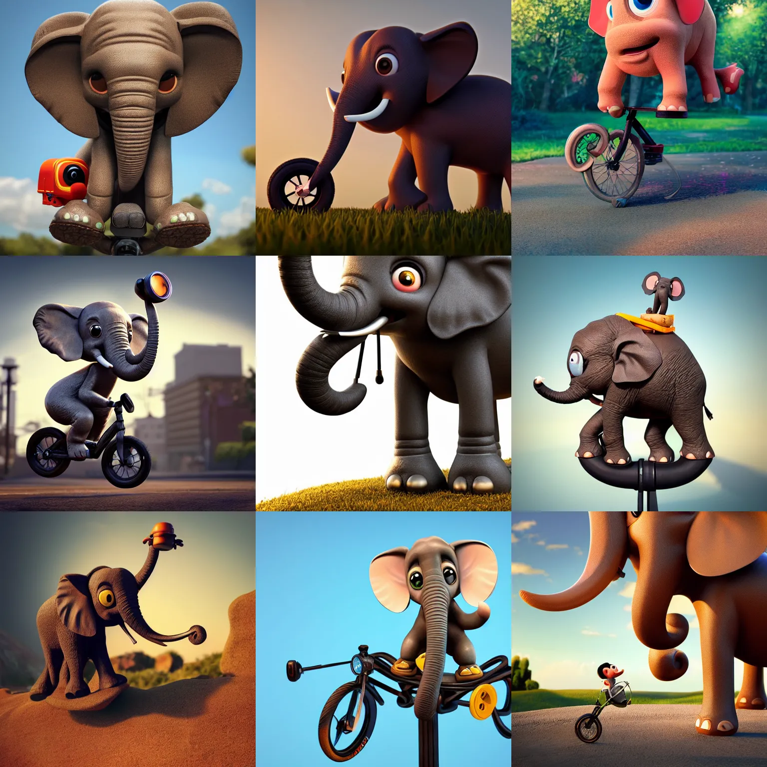 Prompt: an excited cute big eyed elephant riding a unicycle in the style of pixar, digital art, 3 d render, 8 k, stunning detail, octane