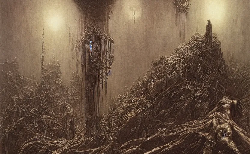 Image similar to cyberpunk dreaming by gustave dore and gustave moreau and beksinski and giger