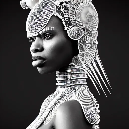 Prompt: portrait of an absurdly beautiful, graceful, sophisticated, fashionable african cyberpunk mechanoid gravure idol, ultrafine hyperdetailed illustration by irakli nadar, matt wisniewski style, marvel comics, intricate linework, ebony skin, neon jellyfish headdress, ivory carved ruff, unreal engine 5 highly rendered, global illumination, radiant light, detailed and intricate environment