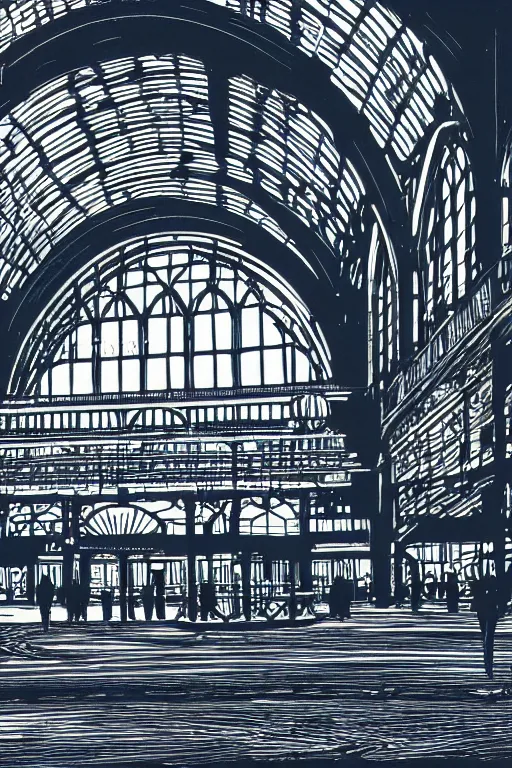 Prompt: a beautiful linocut print on paper of gare du nord interior, london, 8 k, frostbite 3 engine, cryengine, dof, trending on artstation, digital art, crepuscular ray, by gail brodholt
