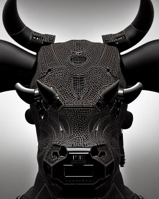 Prompt: a full body shot of an imposing cyborg bull modeled after a bull looking into the camera, contrast lighting, black skin!!!, intricate pattern, hard rubber chest, highly detailed, android, cyborg, full body shot, intricate, 3 d, symmetrical, octane render, fantasy, highly detailed, digital art, artstation, strong bokeh, black face