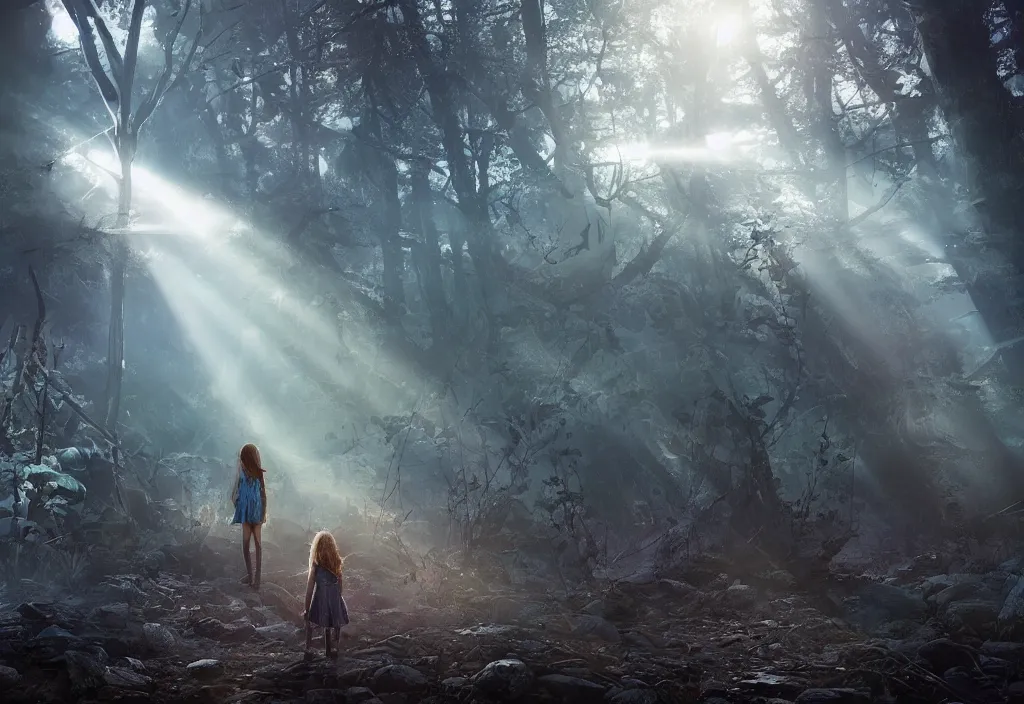 Image similar to sci - fi scene future new york, little girl holding a hand of a big robot, forest punk, crepuscular rays, epic scene, hyper realistic, photo realistic, overgrowth, cinematic atmosphere, ethereal lighting