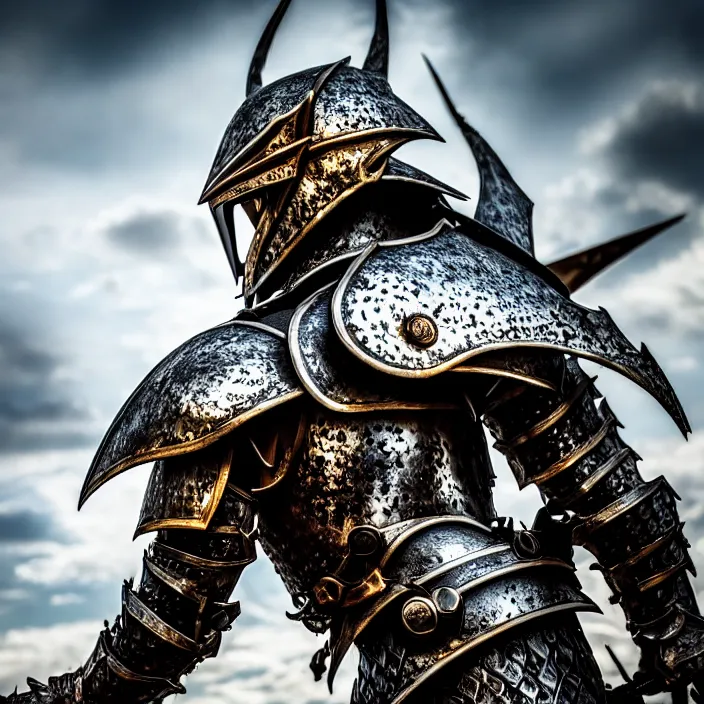 Image similar to photo of a warrior with metal dragon themed armour and helmet, highly detailed, 4 k, hdr, smooth, sharp focus, high resolution, award - winning photo