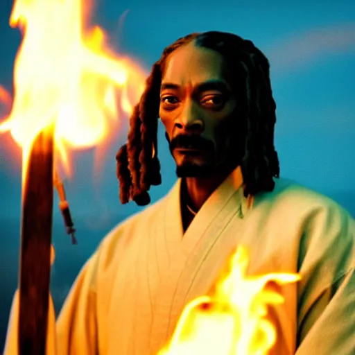 Image similar to cinematic film still of Snoop Dogg starring as a Samurai holding fire, Japanese CGI, VFX, 2022, 40mm lens, shallow depth of field, film photography