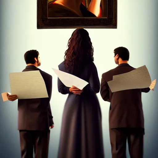 Image similar to hyperrealistic! painting of a woman holding some note papers and three men and a woman watching over, detailed digital art, trending on artstation