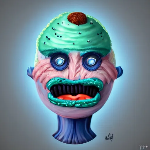 Image similar to A humanoid tasty looking cupcake with bushy eyebrows and grumpy face, blue light, extra detailed, digital illustration, by MARGARET ANN EDEN, digital painting, Matte painting, trending on artstation and unreal engine