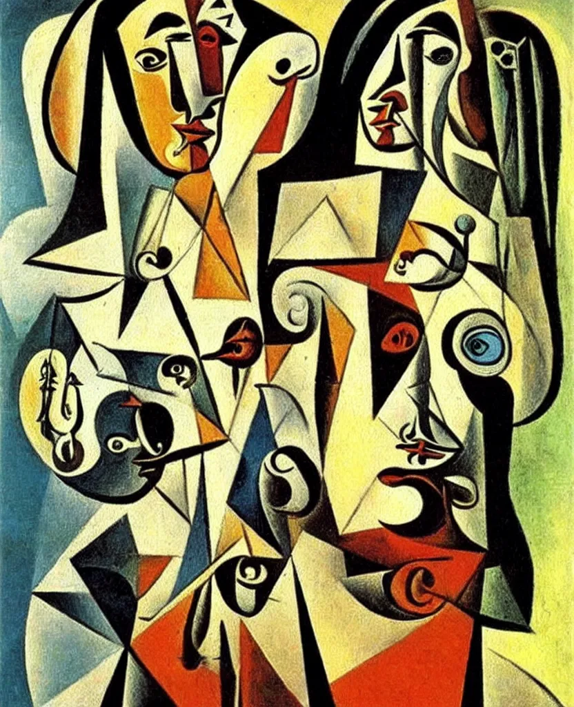 Prompt: achingly beautiful oil painting of a multi - dimensional anachronistic supreme intelligence. picasso, dali.