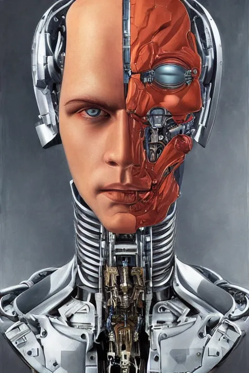 Prompt: futurist half human half robot soldier, art by leyendecker, head and shoulders portrait, blood, cyberpunk, cybernetic implants, very intricate, award winning, extreme details