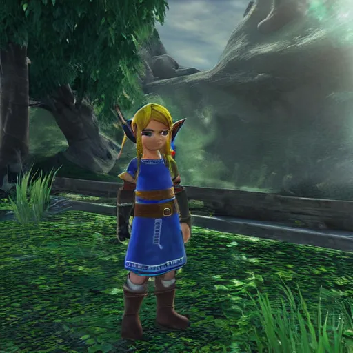 Image similar to The Legend of Zelda Twilight Princess rendered in Unreal Engine 5 ultra high graphics ray tracing in game promotional screenshots moblins, link, epona, ganondorf, Zelda moody, photorealistic