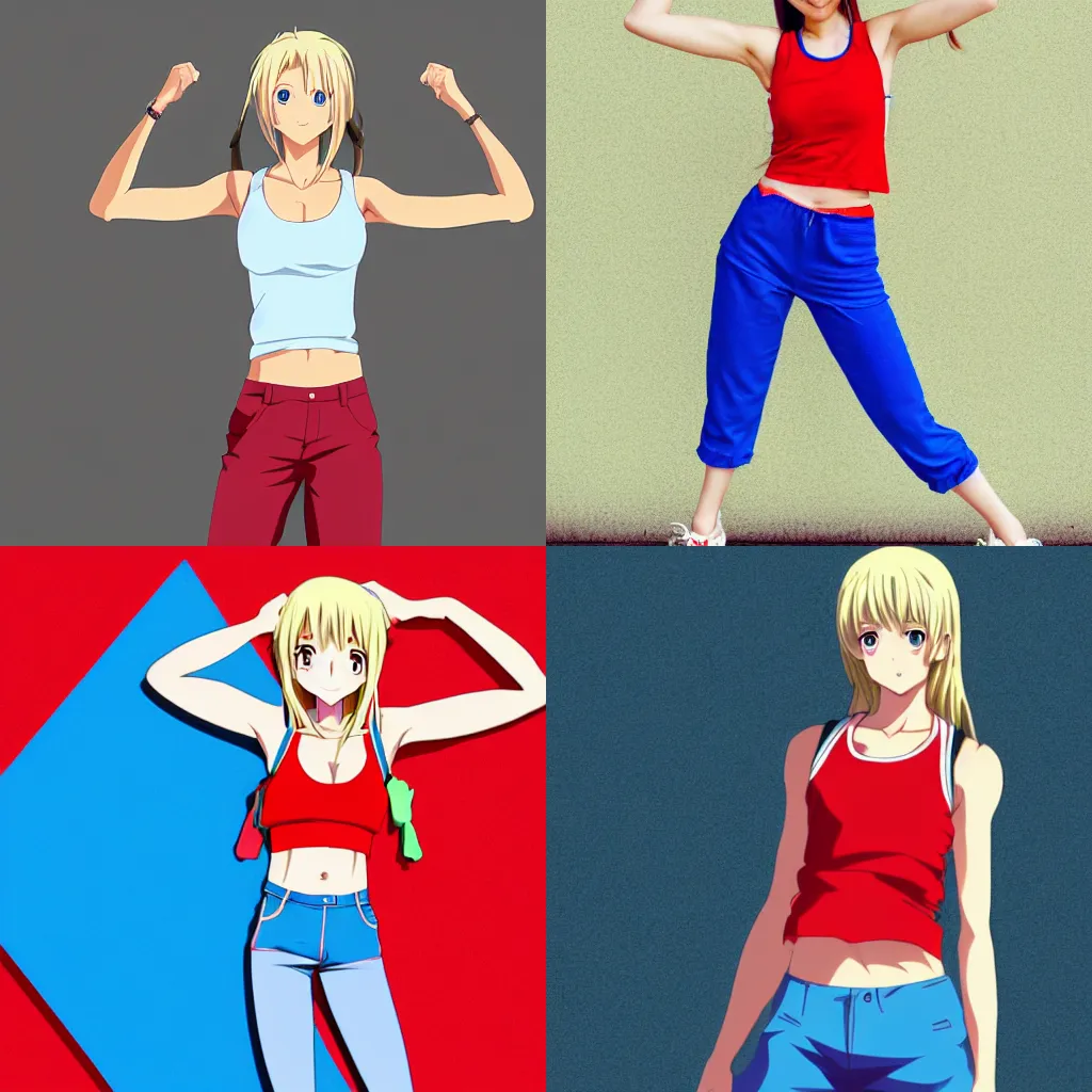 Prompt: Photorealistic anime, a short athletic blonde girl, happy and spirited expression, medium shot, red tank top and wide blue pants