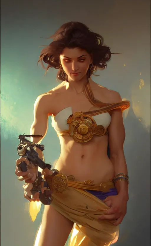 Prompt: genie, female, pretty, short, brown skin, short brown hair, smiling, abs, highly detailed, digital painting, artstation, concept art, sharp focus, illustration, art by greg rutkowski and alphonse mucha