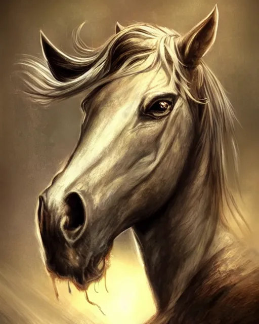 Image similar to ''face portrait of a rugged horse, fantasy, mountain landscape, d & d, digital painting, artstation, deviantart, concept art, illustration, art by dragolisco and anne stokes and nico niemi''