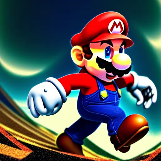 Image similar to Mario is ascending, photorealistic, desolate, terrifying, weird, strange, odd, uncanny, hyper realism, highly detailed, photorealism, smooth gradients, high contrast, photorealistic